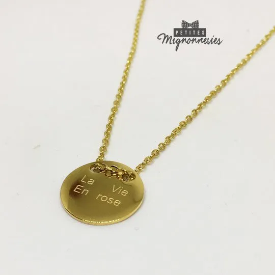 ACIER INOXYDABLE - Collier médaillon gravé "LA VIE EN ROSE"