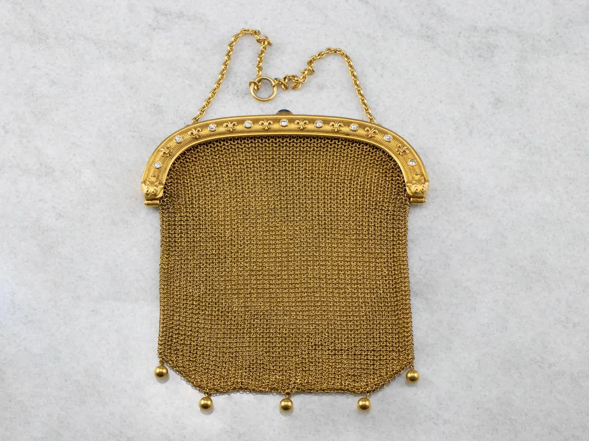 Antique Mesh Gold Synthetic Sapphire and Diamond Purse