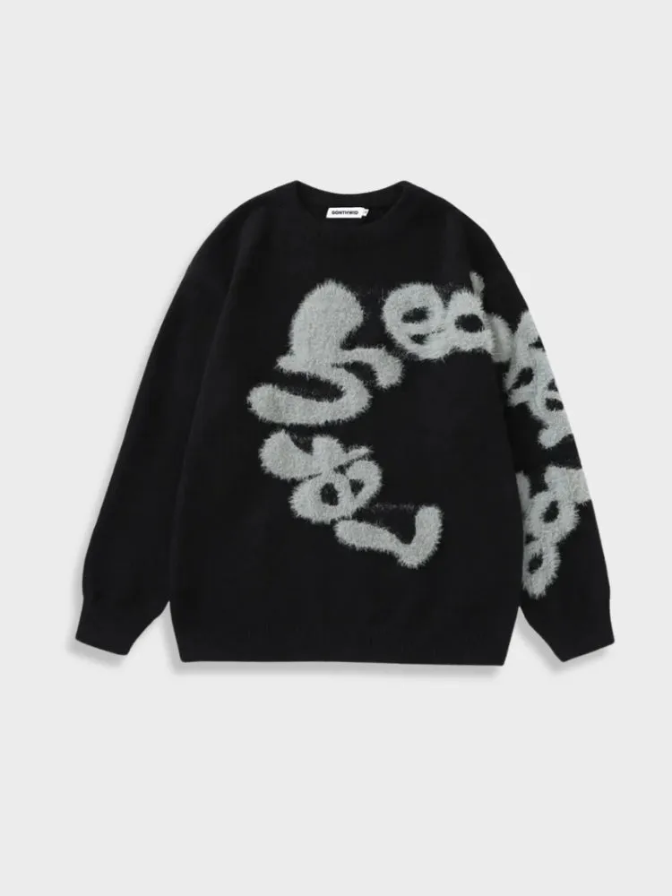 Black Fuzzy Letter Sweater