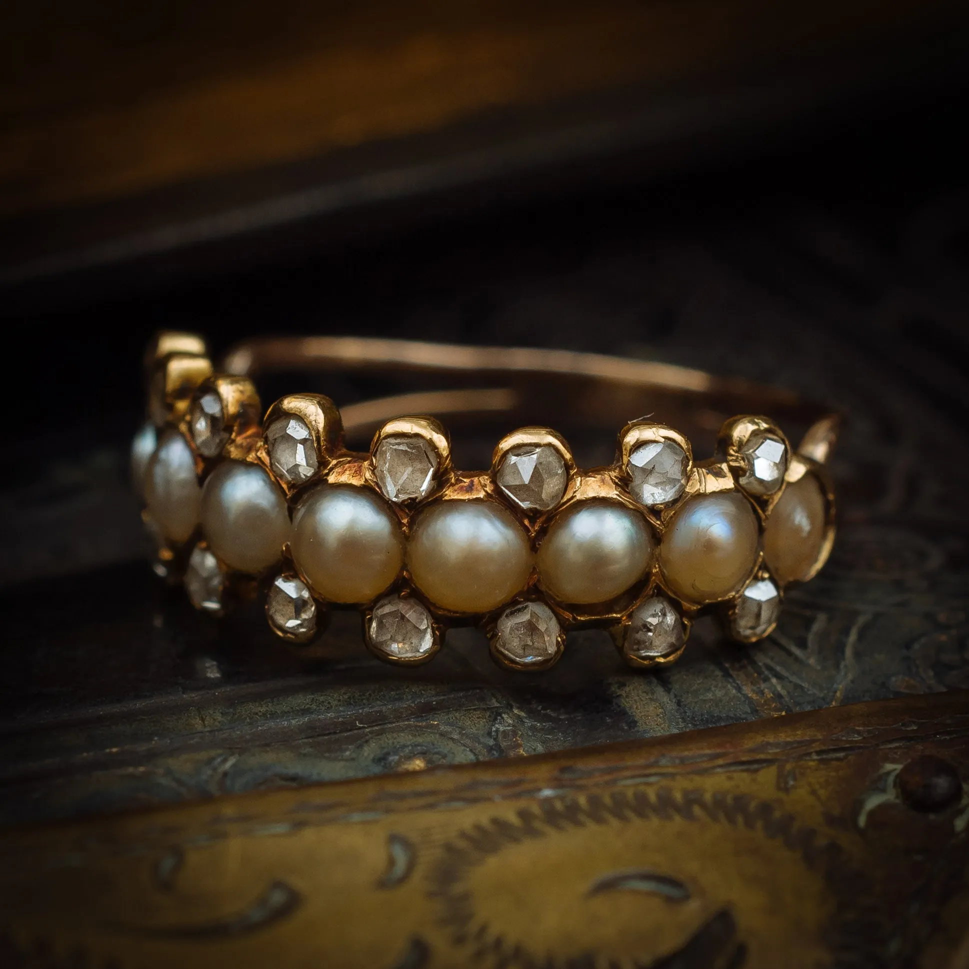 Devotedly Divine Antique Victorian Pearl and Diamond Band Ring