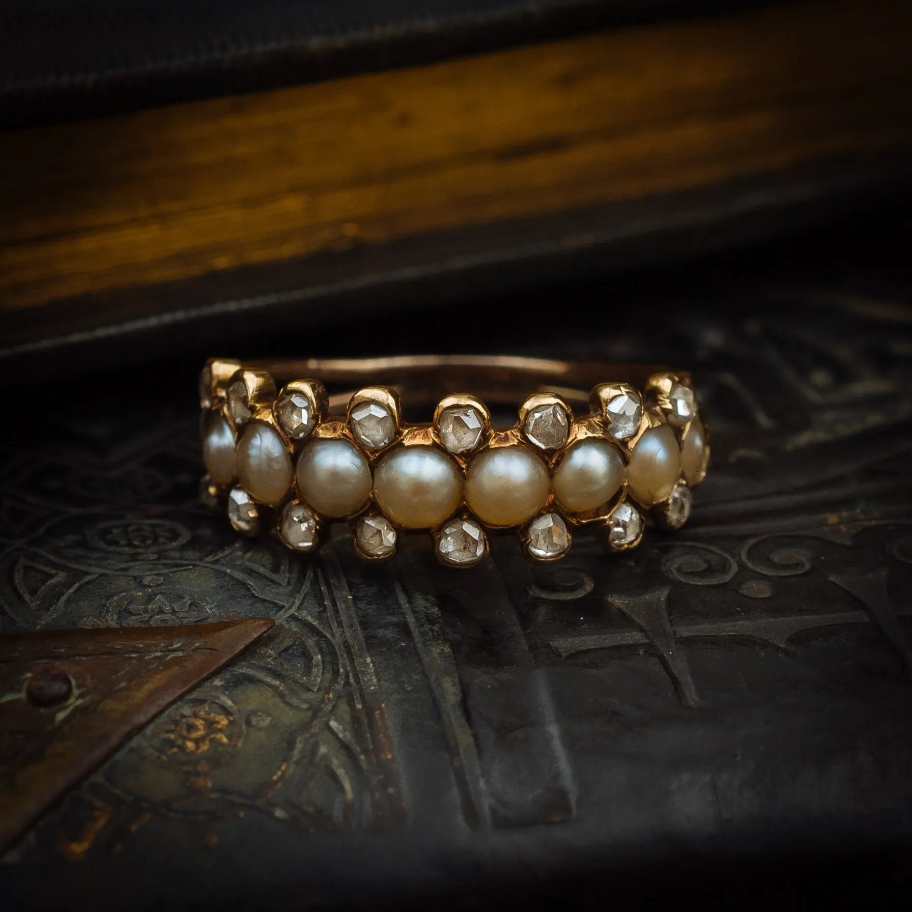 Devotedly Divine Antique Victorian Pearl and Diamond Band Ring