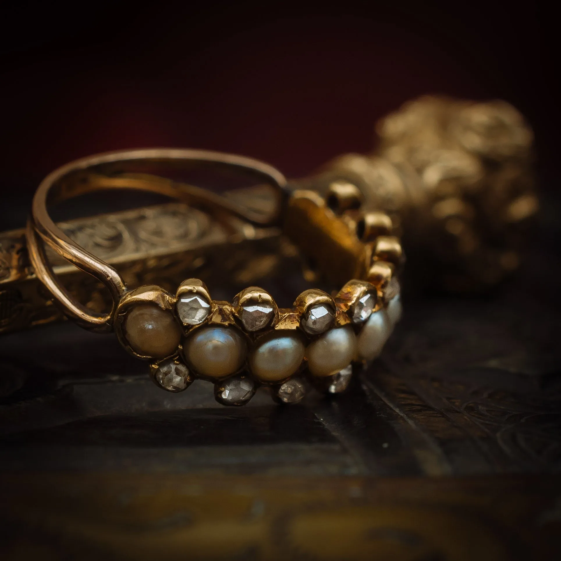 Devotedly Divine Antique Victorian Pearl and Diamond Band Ring