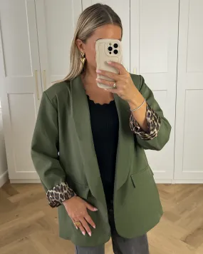 DORA - Blazer with Leopard Lining in Khaki