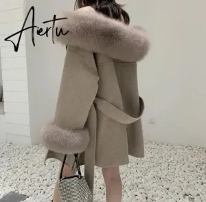 Luxury famous Real Cashmere wool & blends Coat Women"s winter women's cold coat With Natural Fox Fur collar abrigos mujer