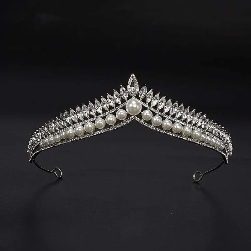 Luxury Pearl Princess Queen Pageant Prom Rhinestone Veil Tiara Party Wedding Crown