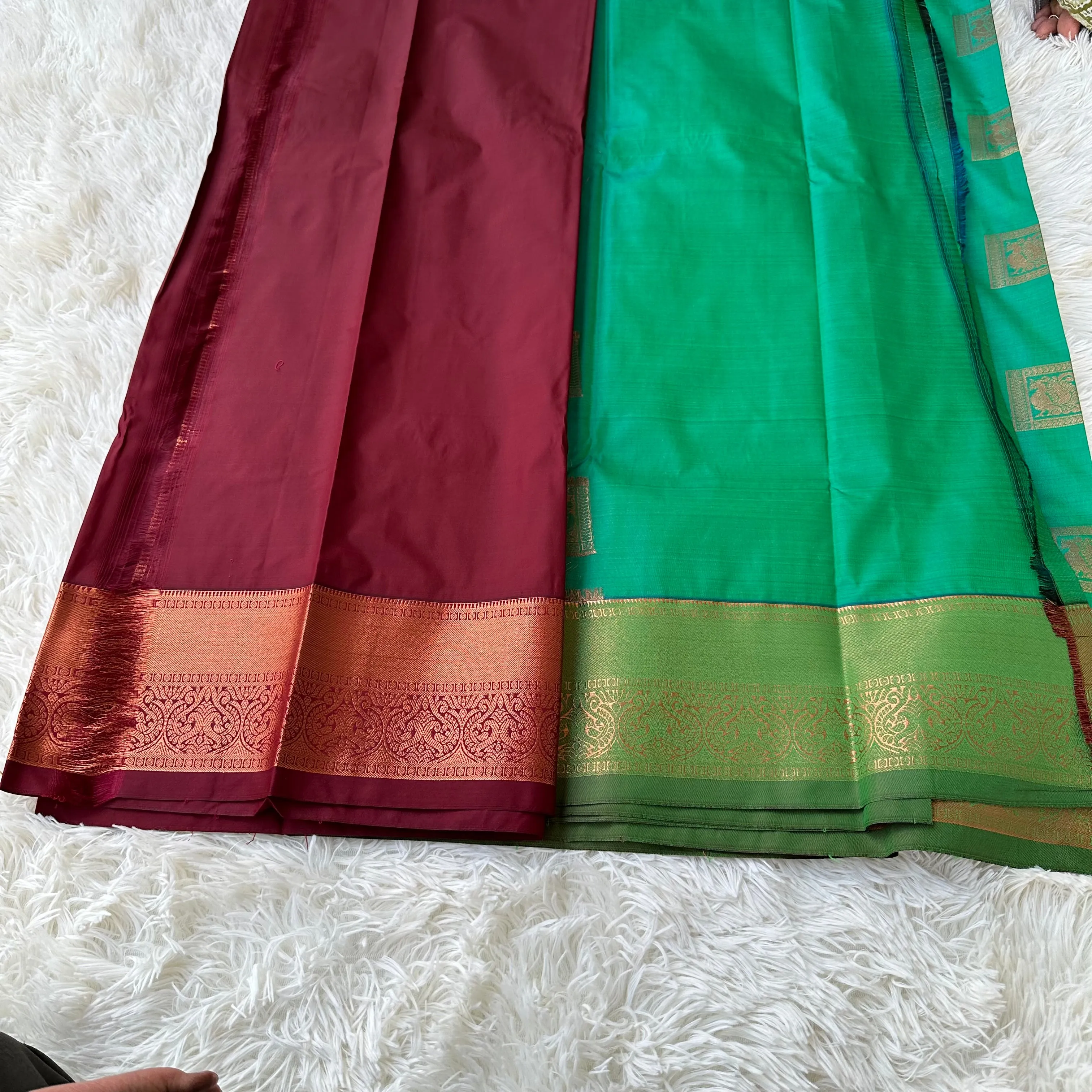 The Harmony Emerald Green Semi Silk Saree  With Meroon Border